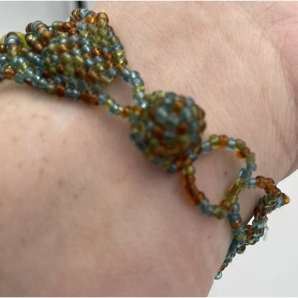 Artisan Beaded Bracelet Multi Strand Blue Green Brown 8